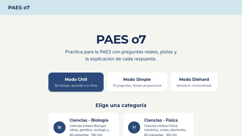 Pantalla de inicio de PAES o7